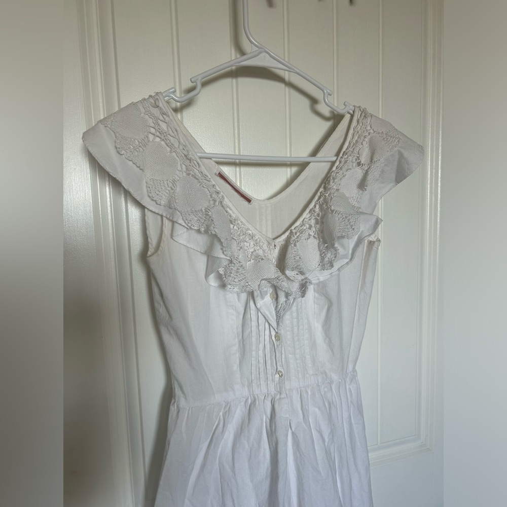 White Ruffle V-Neck Cotton Dress Vintage Crochet Romantic CottageCore